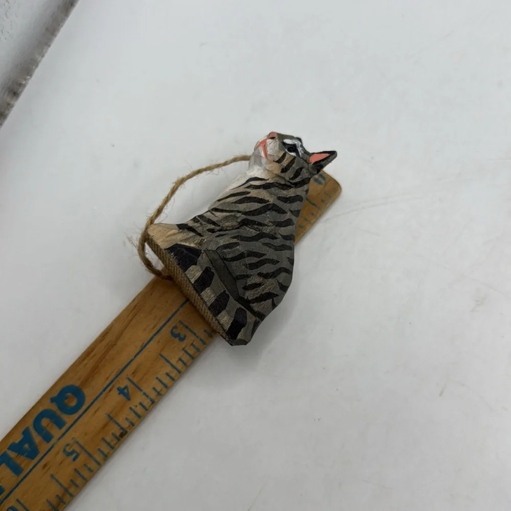 Vintage Handcrafted Painted Tabby Cat Christmas Ornament Collectible Decor Gray